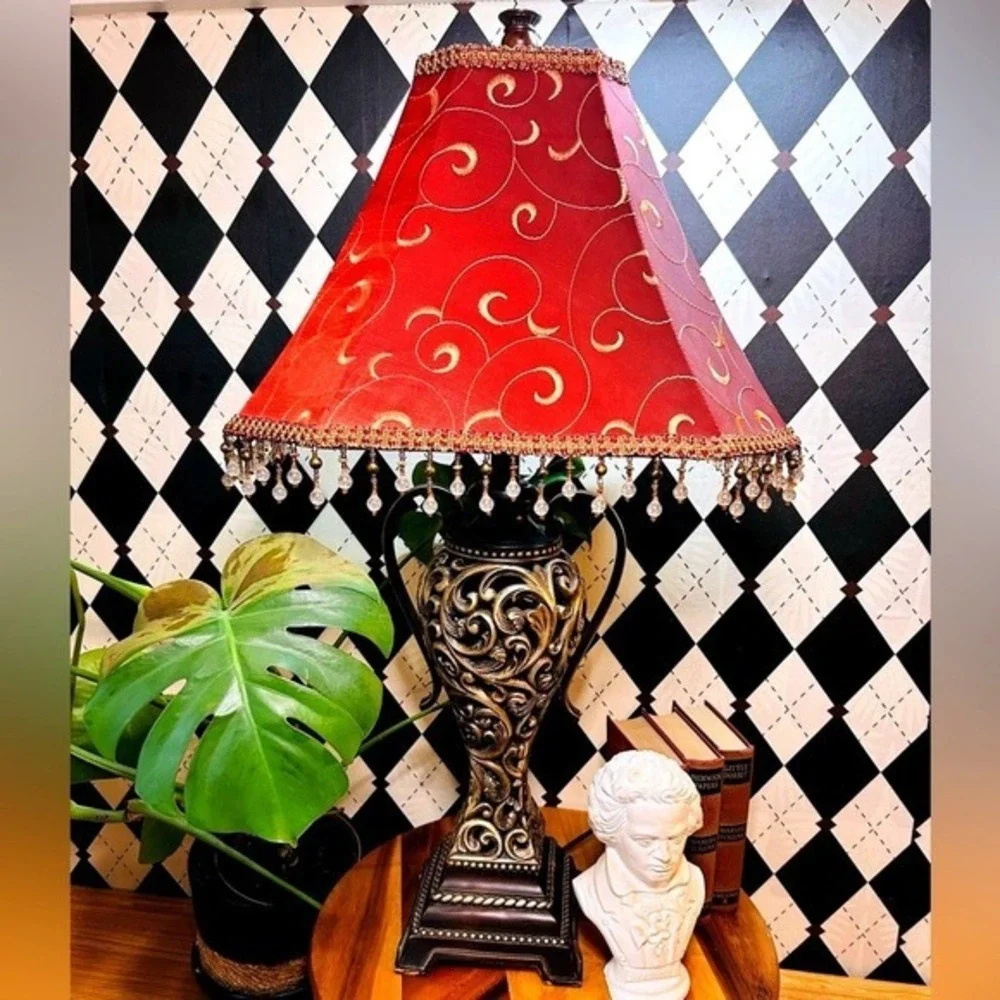 Moody Vintage Table Lamp‎ with Deep Burgundy Shade| Ornate Baroque Decor